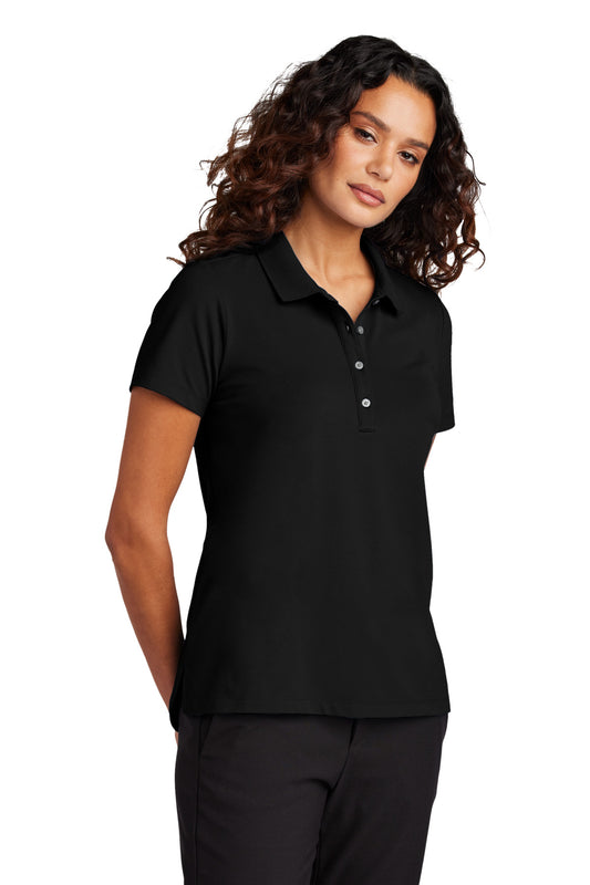 Black Mercer+Mettle women's stretch pique polo shirt, front view, showcasing classic collar and fitted design.