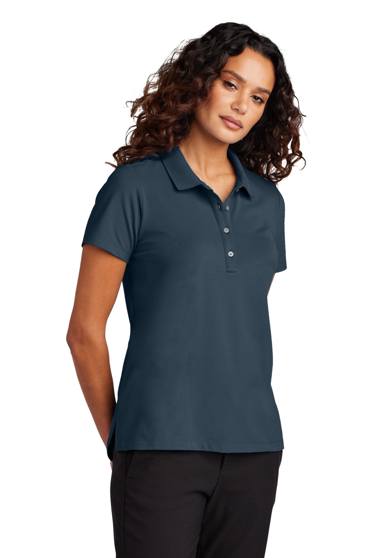 Mercer+Mettle women's stretch pique polo shirt in night navy, featuring a classic collar and short sleeves, front view.