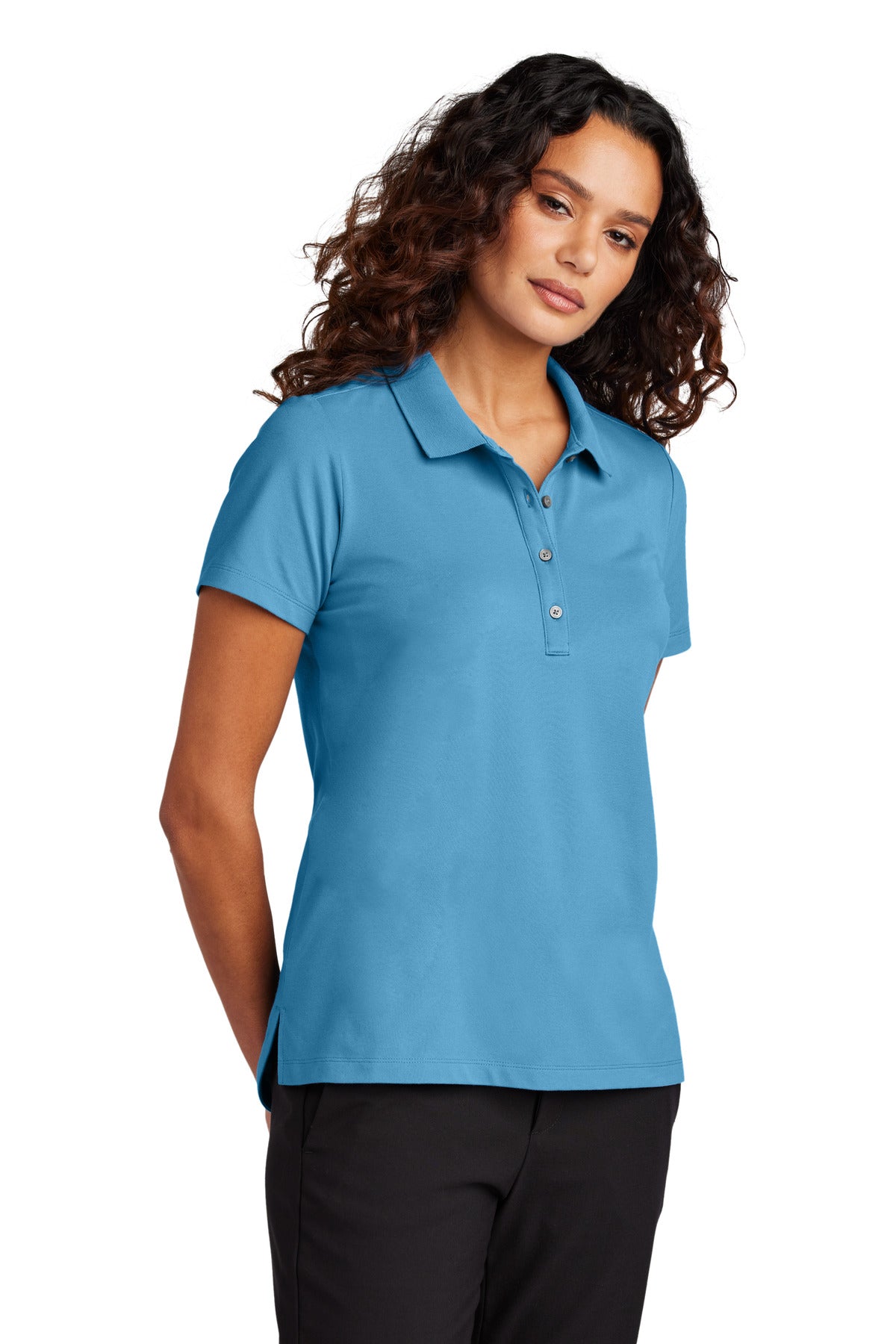 Mercer+Mettle women's stretch pique polo shirt in Parisian blue, front view showing collar and button placket.