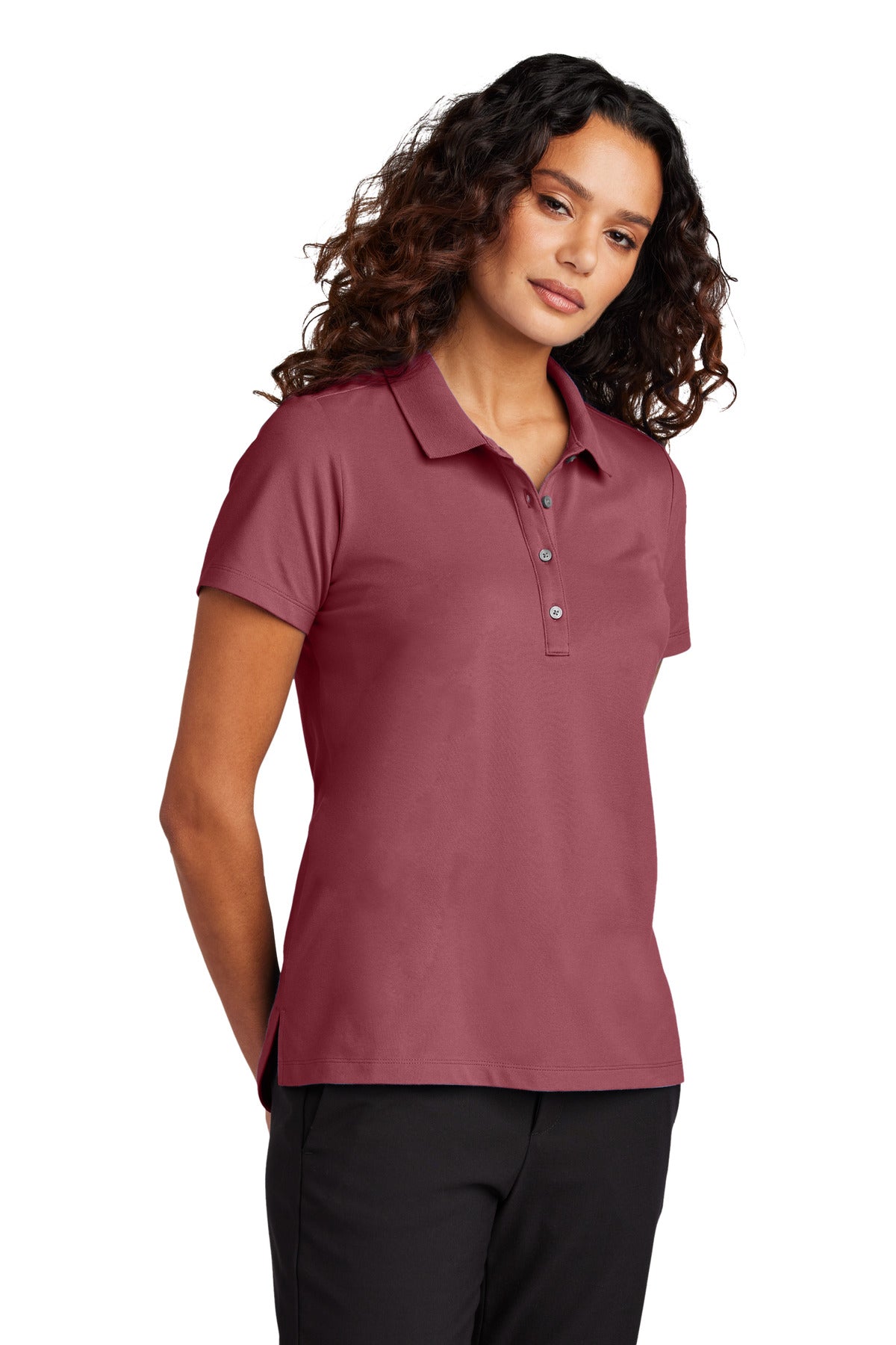 Mercer+Mettle women's stretch pique polo in rosewood color, front view showing collar and button placket.