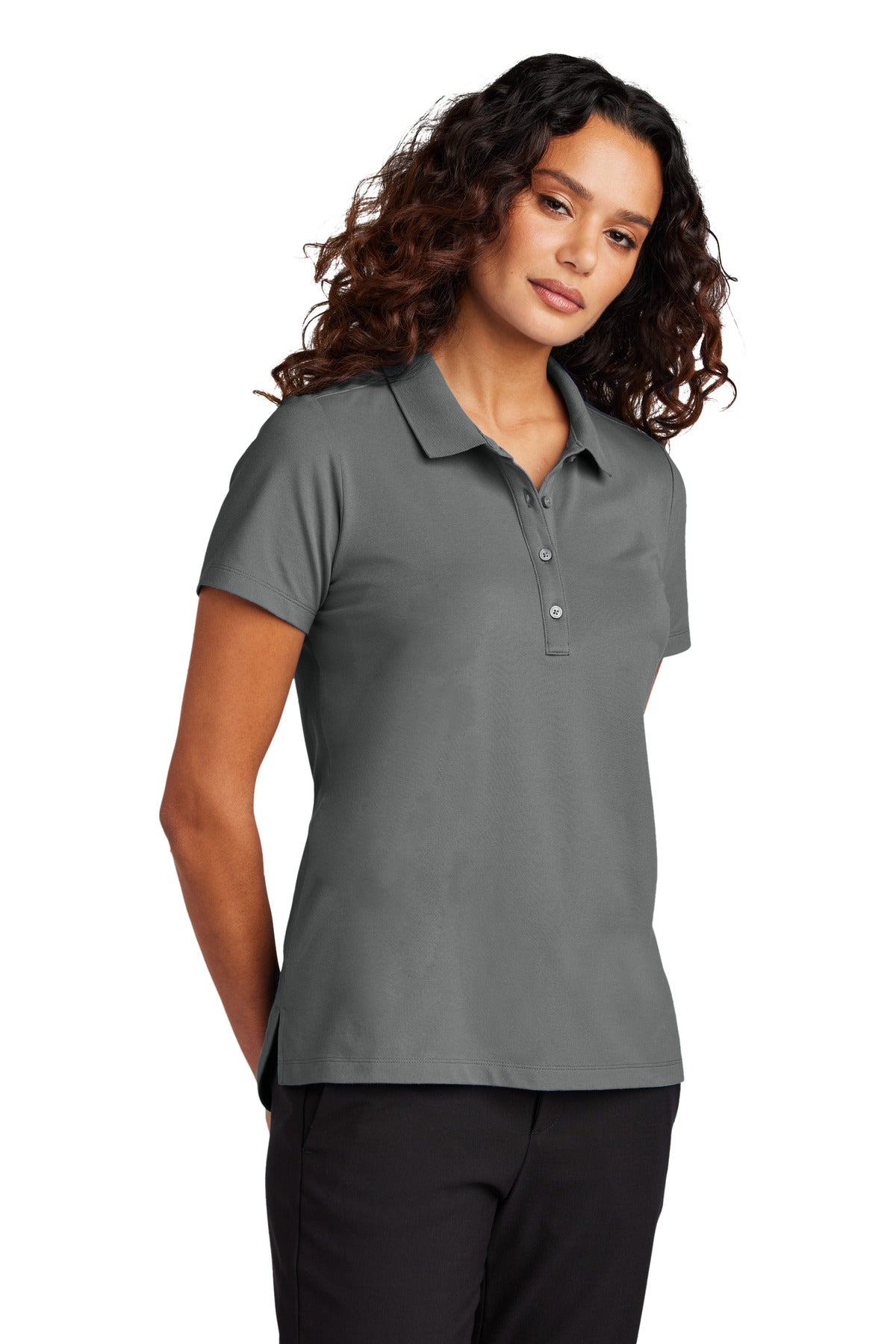 Mercer+Mettle women's stretch pique polo shirt in storm grey, front view showing classic collar and short sleeves