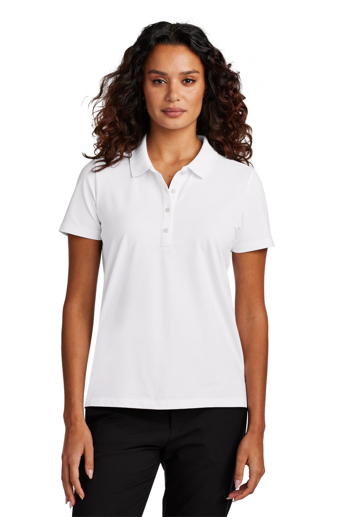 White Mercer+Mettle women's stretch pique polo shirt displayed from the front on a model.