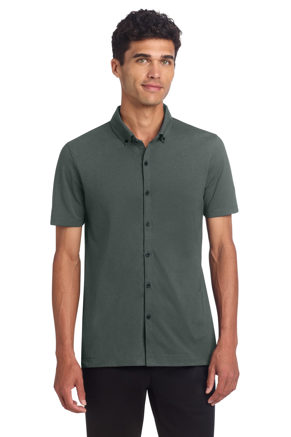 Mercer+Mettle Stretch Pique Full-Button Polo shirt in anchor grey, front view showing classic collar and button placket.