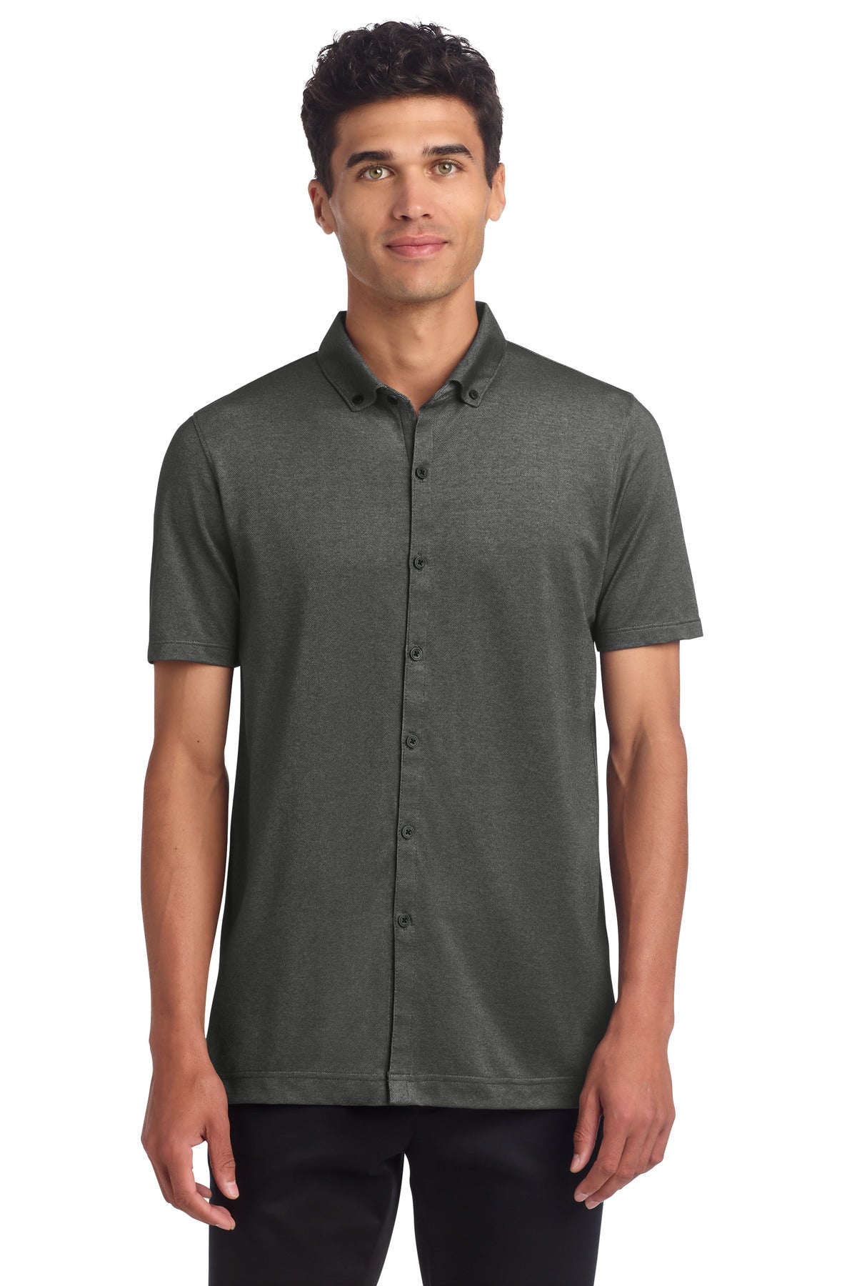 Front view of Mercer+Mettle Stretch Pique Full-Button Polo in anchor grey heather, featuring a classic collar and button placket.
