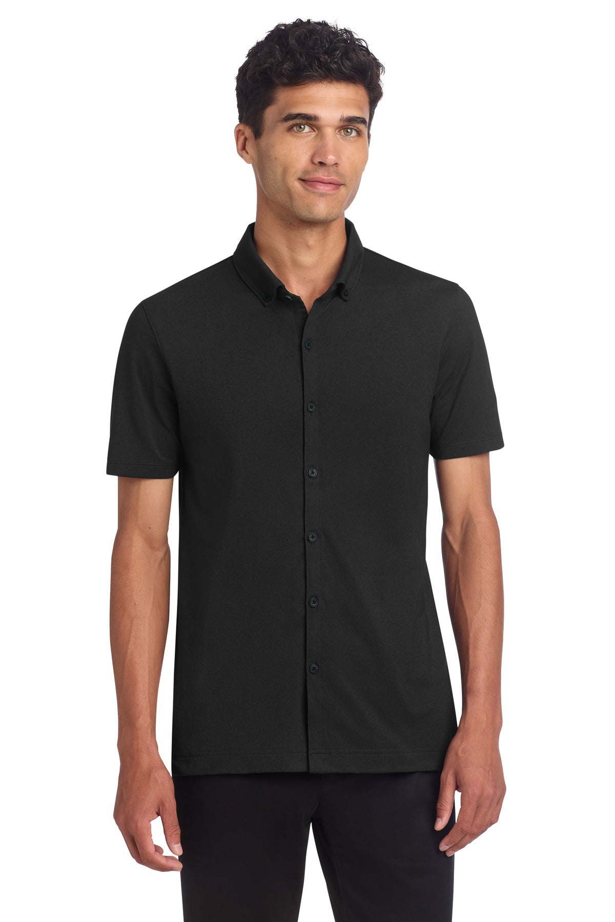 Mercer+Mettle Stretch Pique Full-Button Polo in deep black, front view showing classic collar and button placket.