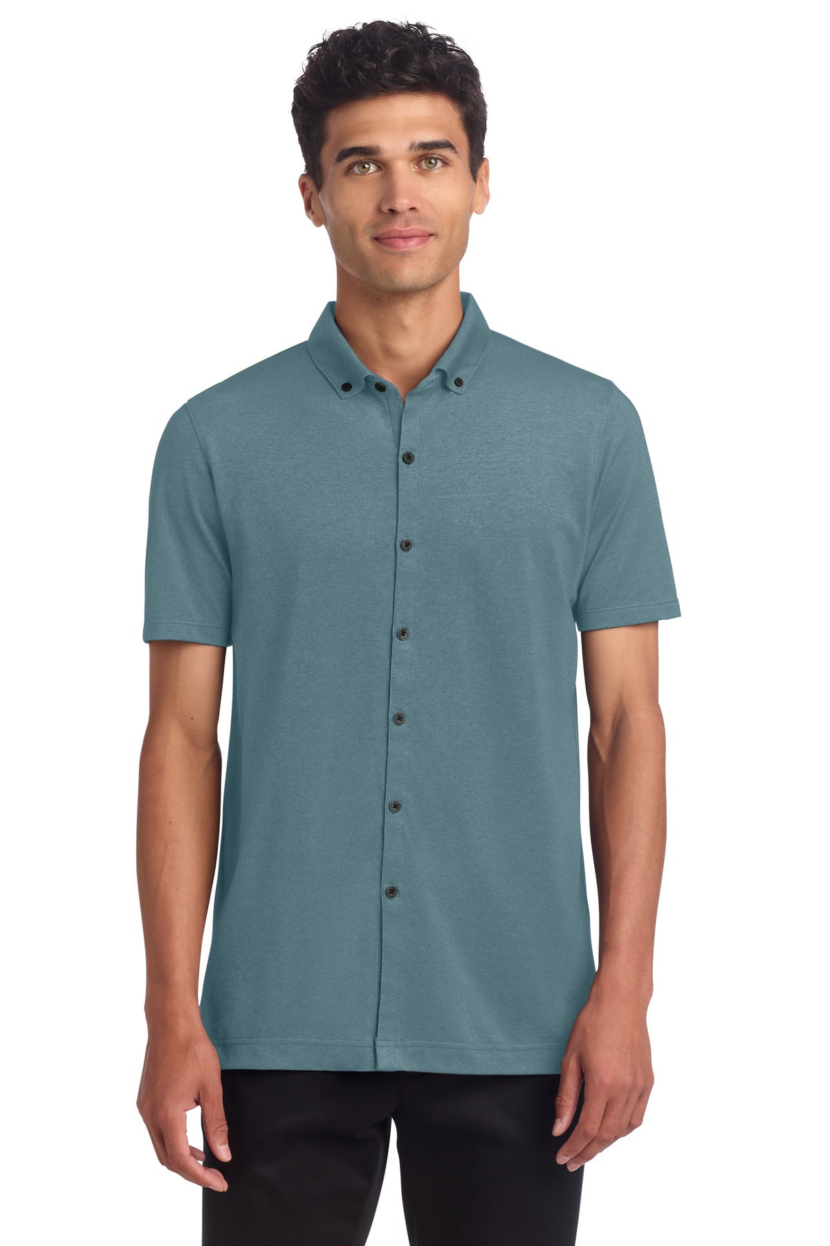Front view of Mercer+Mettle Stretch Pique Full-Button Polo in Parisian Blue Heather, showing classic collar and button placket.