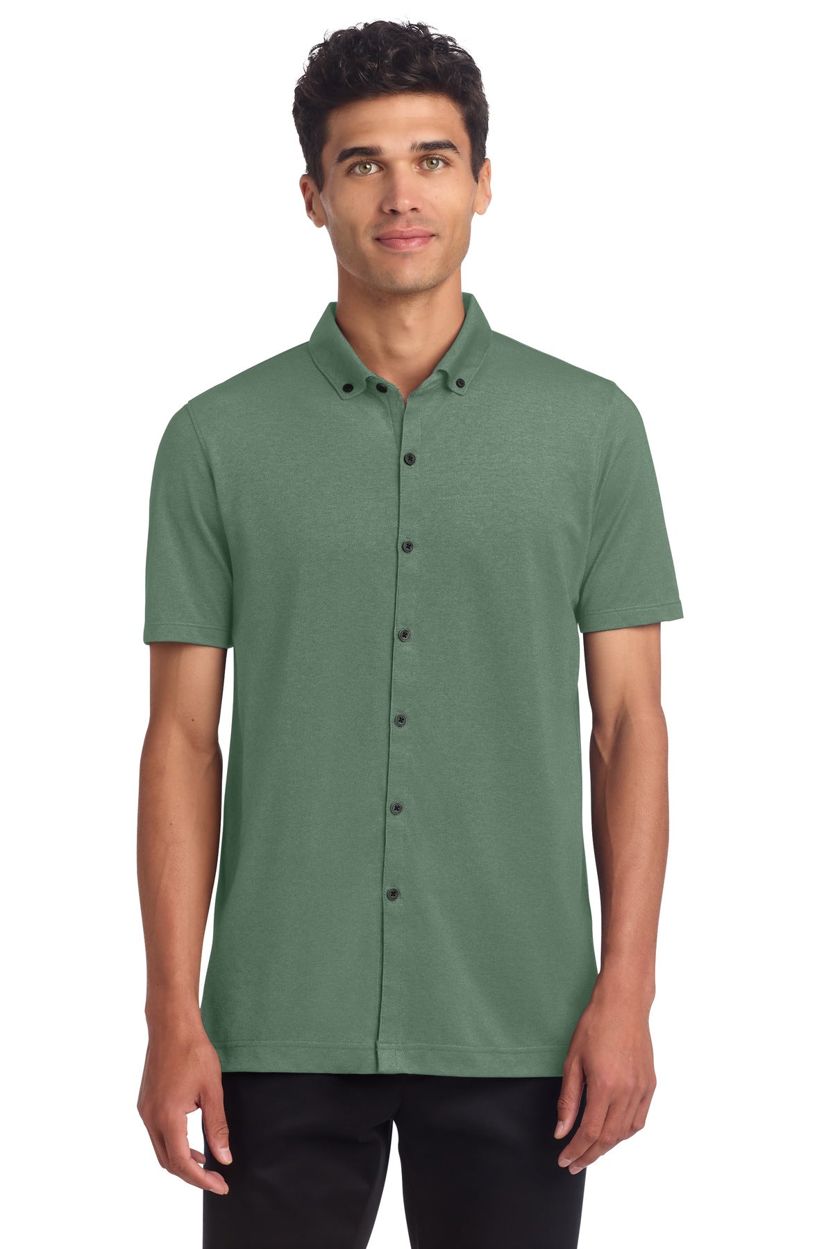 Mercer+Mettle Stretch Pique Full-Button Polo in sage heather, front view showing collar, buttons, and breathable fabric.