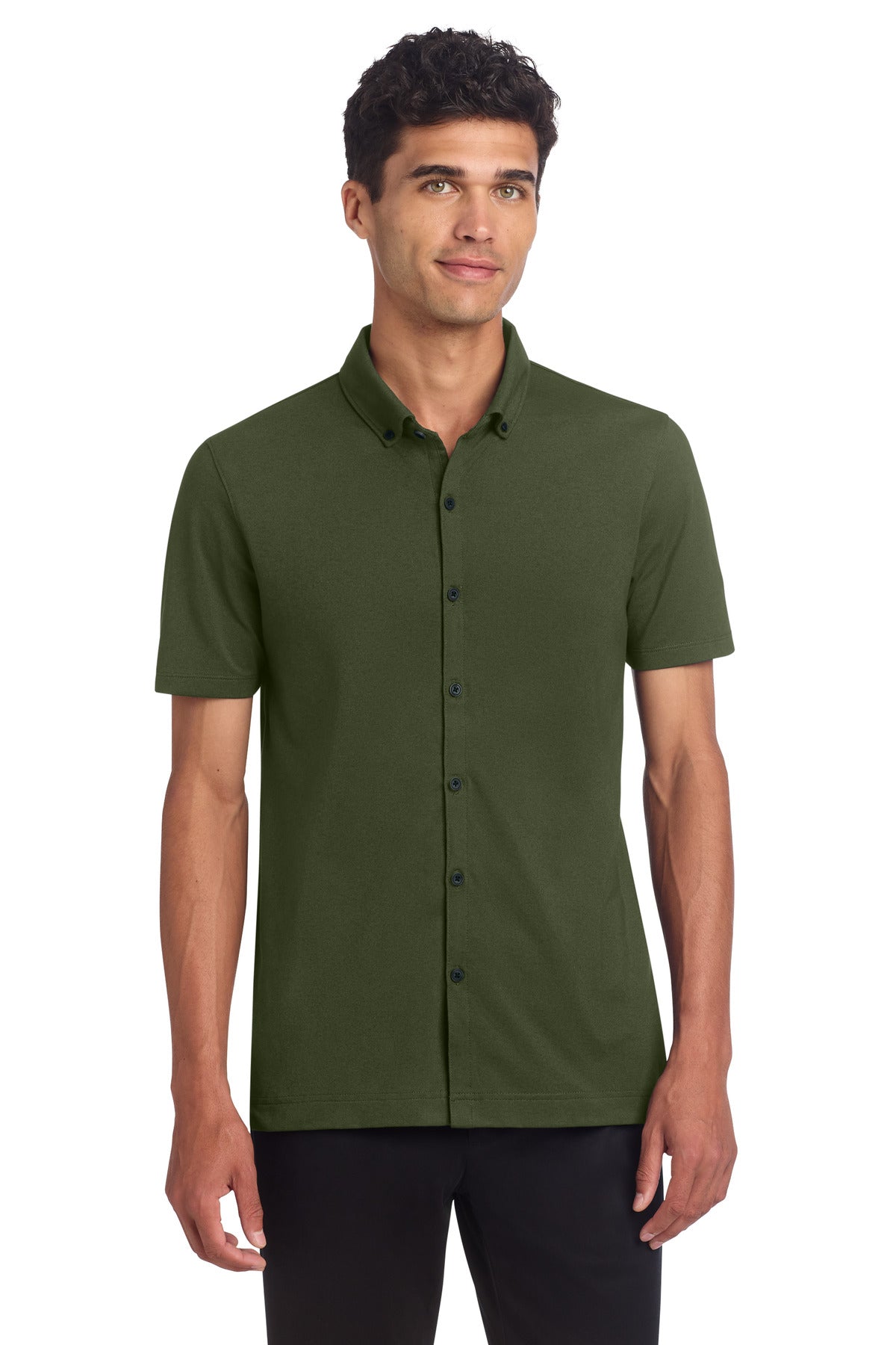 Men's Mercer+Mettle Stretch Pique Full-Button Polo in Townsend Green, front view showing collar and button placket.