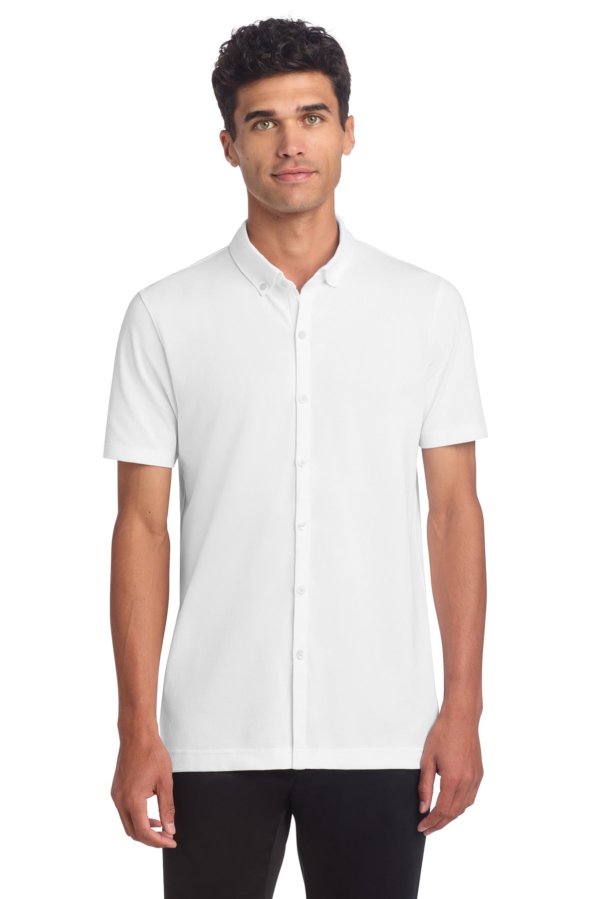 White Mercer+Mettle Stretch Pique Full-Button Polo shirt worn by a model, front view showing classic collar and button placket.