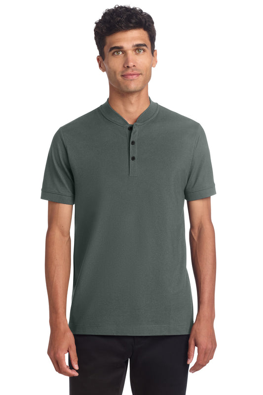 Men's Mercer+Mettle Stretch Pique Henley shirt in anchorgrey, front view showing collar, buttons, and fitted style.