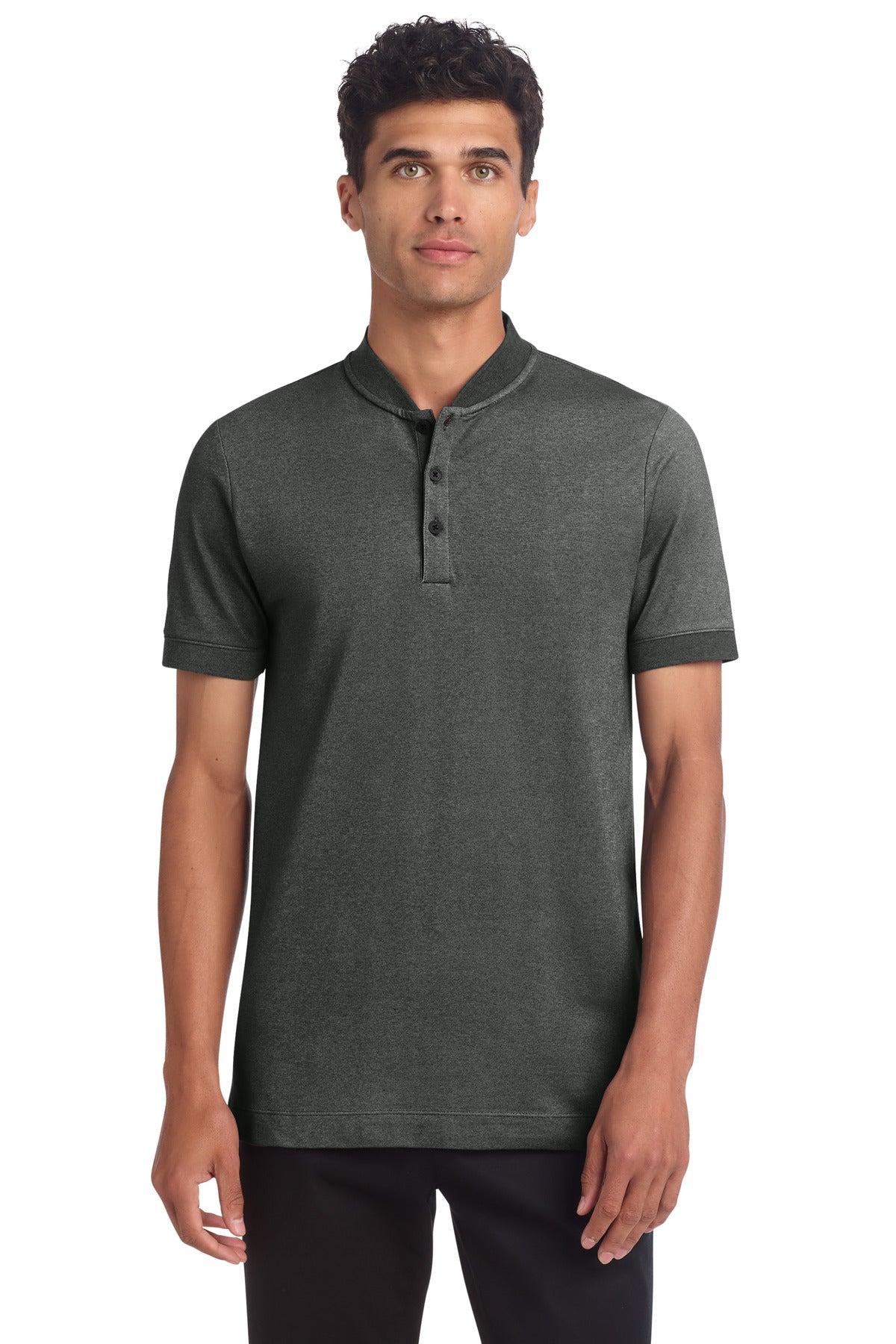 Front view of Mercer+Mettle Stretch Pique Henley shirt in anchor grey heather, featuring a buttoned collar and long sleeves.