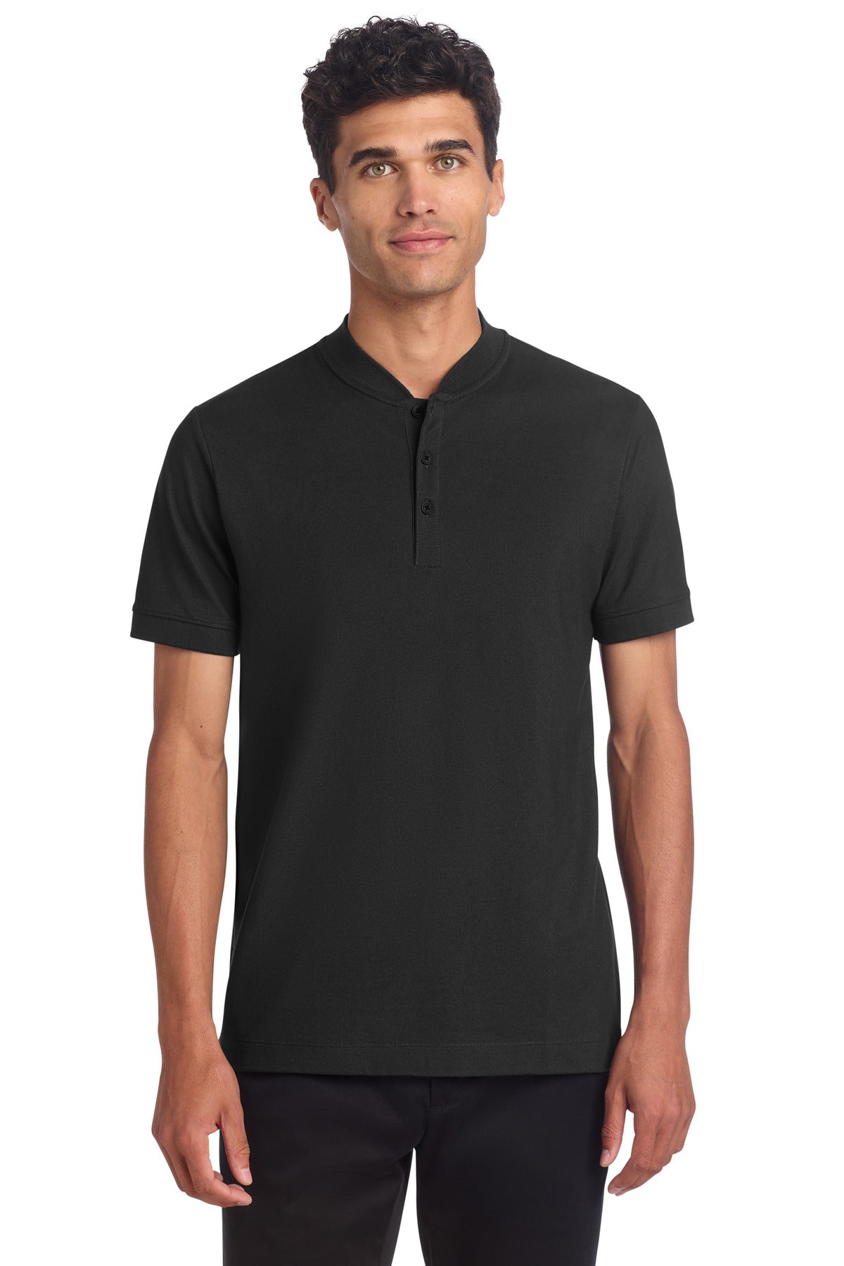 Front view of Mercer+Mettle Stretch Pique Henley shirt in deep black, featuring a classic collar and button placket.