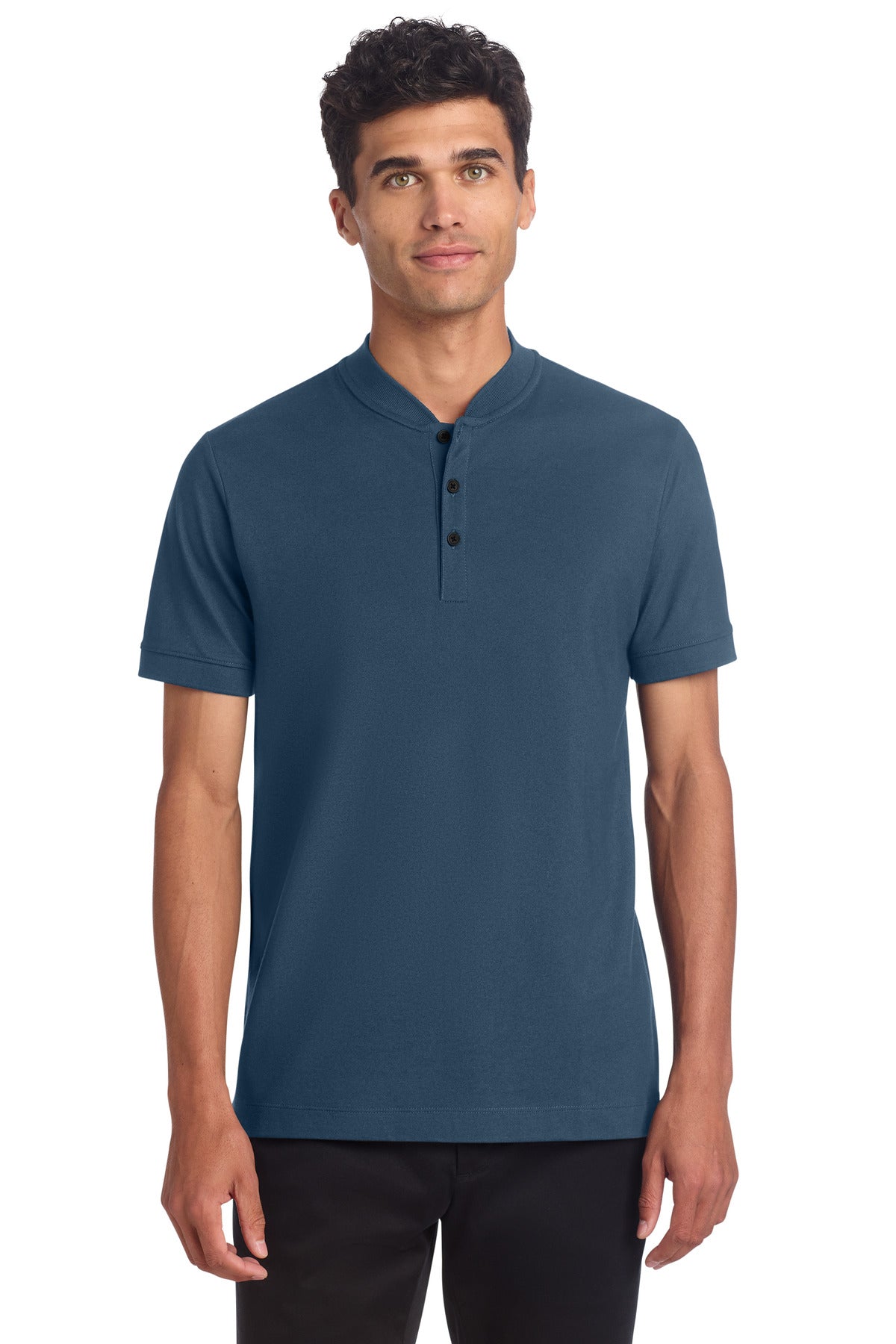 Front view of Mercer+Mettle Stretch Pique Henley shirt in insignia blue, featuring a buttoned collar and long sleeves.