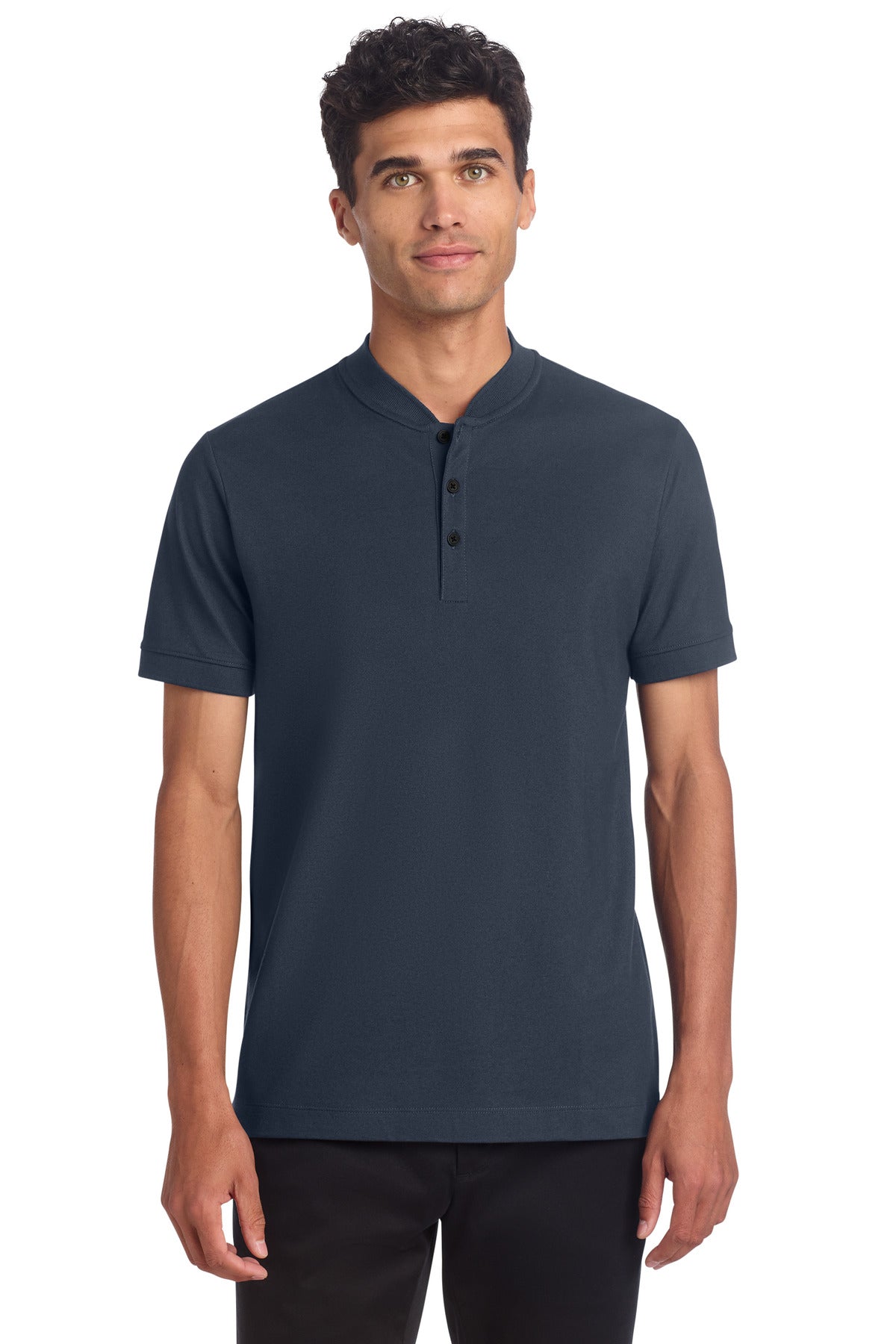 Mercer+Mettle Stretch Pique Henley shirt in night navy, front view on male model showing collar and button details.