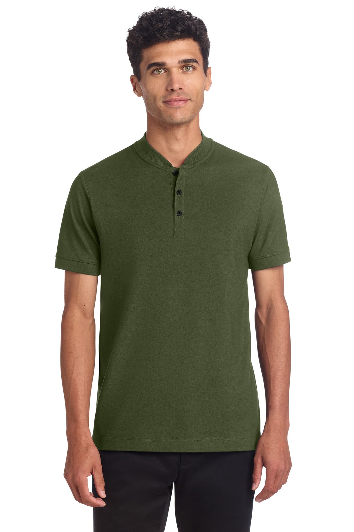 Mercer+Mettle Stretch Pique Henley shirt in Townsend Green worn by a model, front view showing collar and button placket.