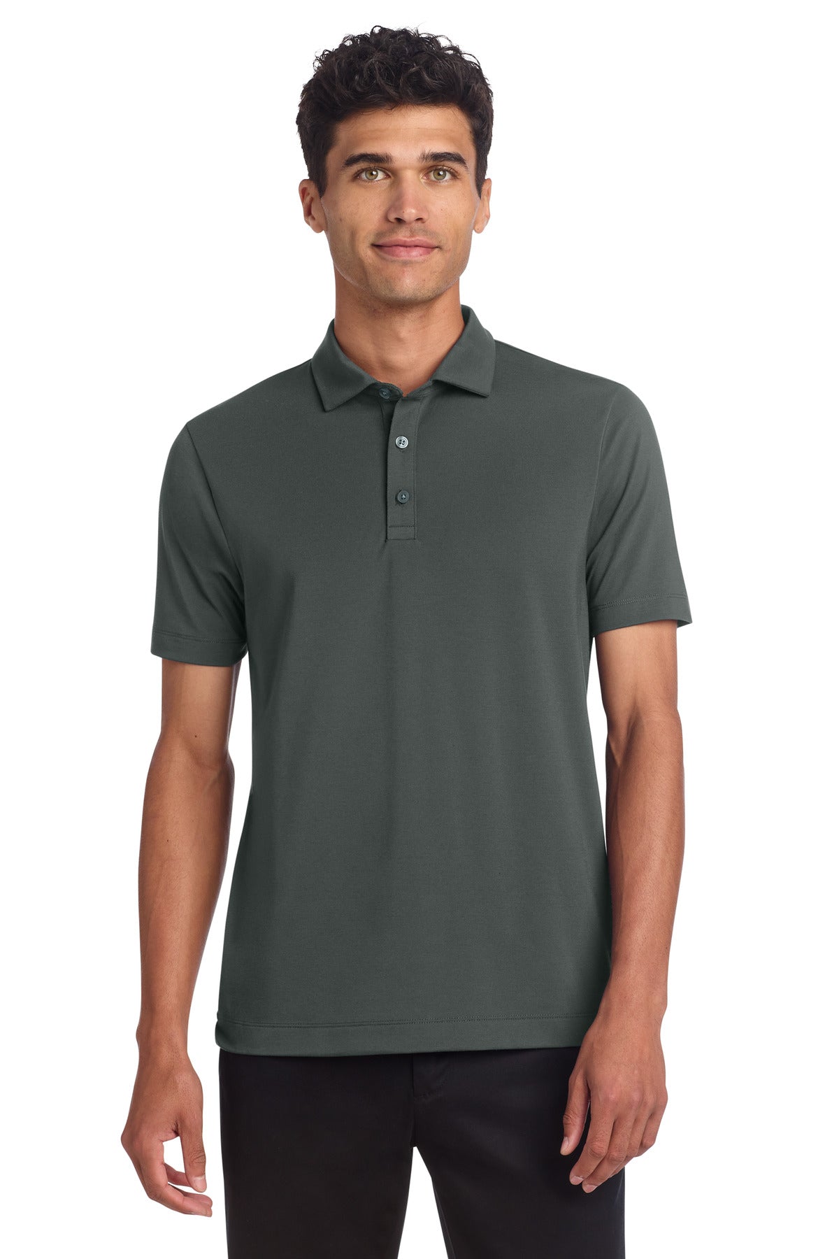 Front view of Mercer+Mettle Stretch Jersey Polo in anchorgrey, featuring a classic collar and short sleeves.
