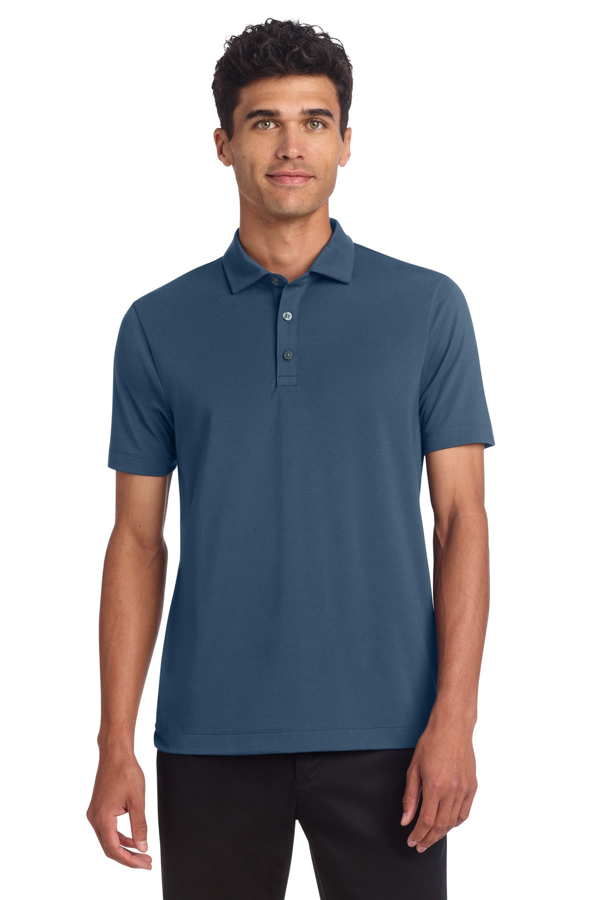 Mercer+Mettle Stretch Jersey Polo MM1014 in insignia blue, front view showing classic polo collar and fit on a model.