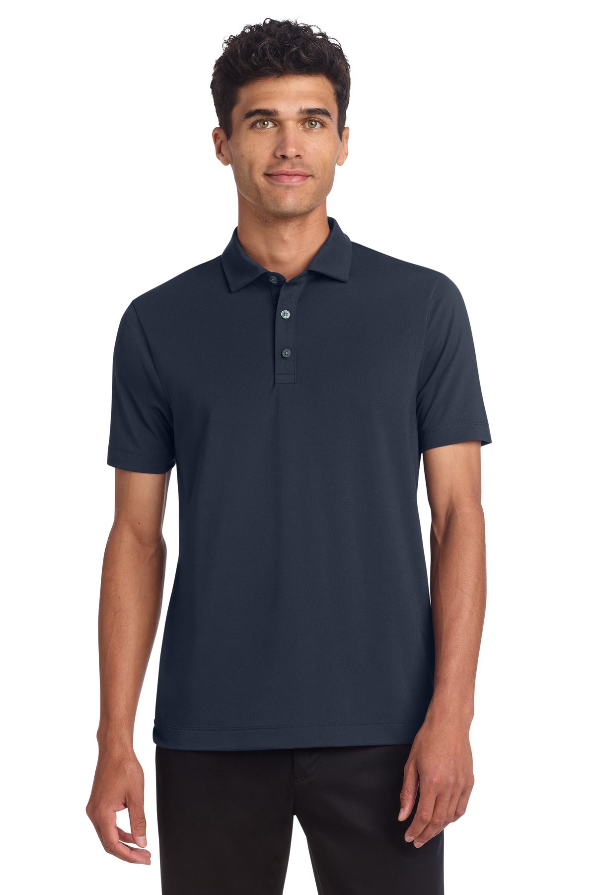 Night navy Mercer+Mettle Stretch Jersey Polo shirt styled on a model, front view showing collar and fit.