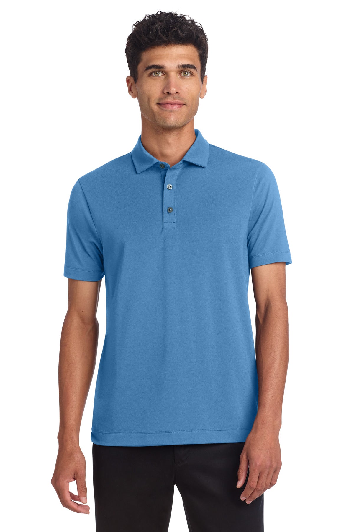 Front view of Mercer+Mettle Stretch Jersey Polo in Parisian Blue, showing the fitted polo shirt with collar and short sleeves.
