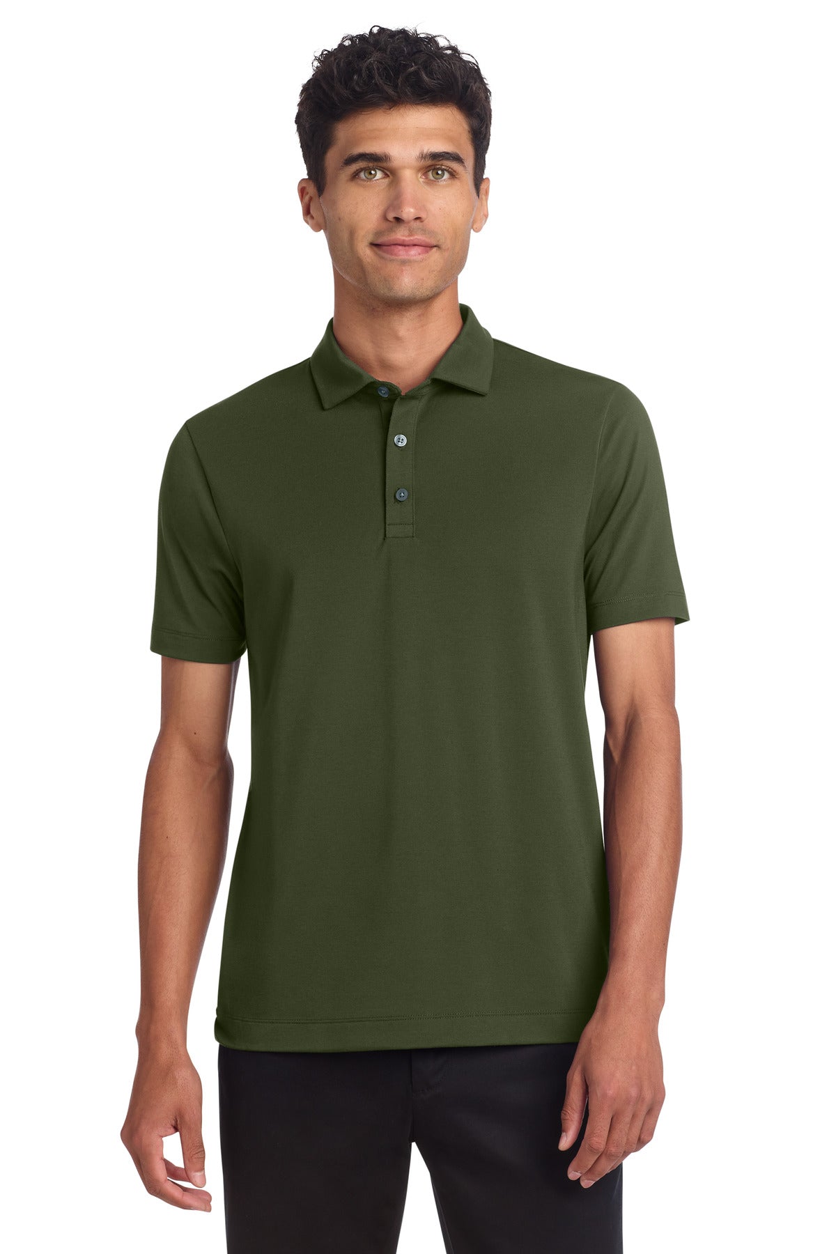Mercer+Mettle Stretch Jersey Polo MM1014 in Townsend Green worn by a model, front view showing the classic polo design and fit.