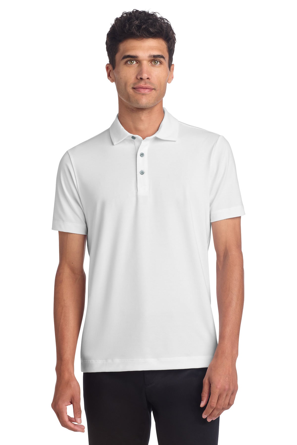 White Mercer+Mettle stretch jersey polo shirt worn by a model, front view showcasing its classic fit and clean design.