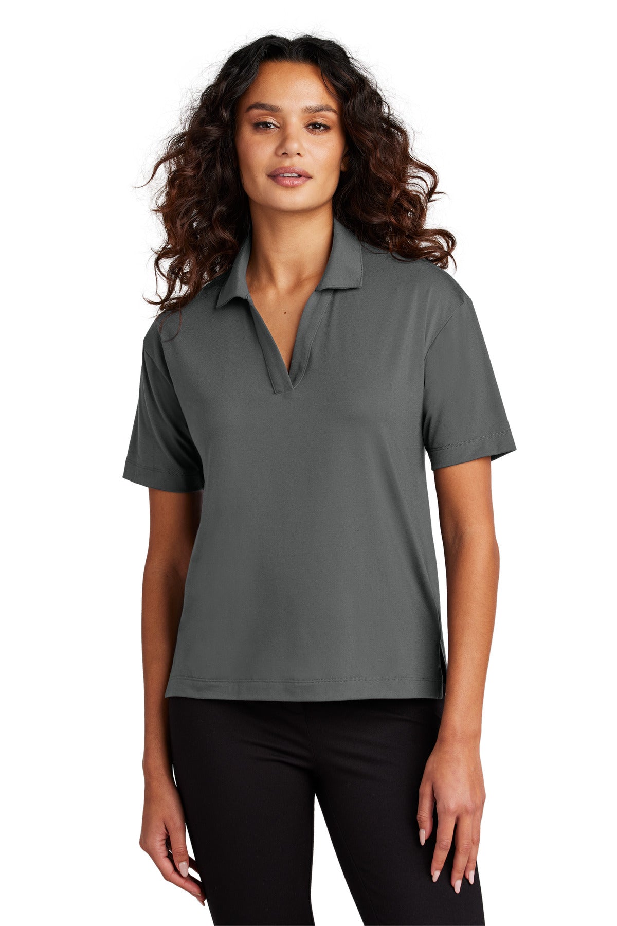 Front view of Mercer+Mettle women's stretch jersey polo in anchor grey, showcasing its fitted design and classic collar.