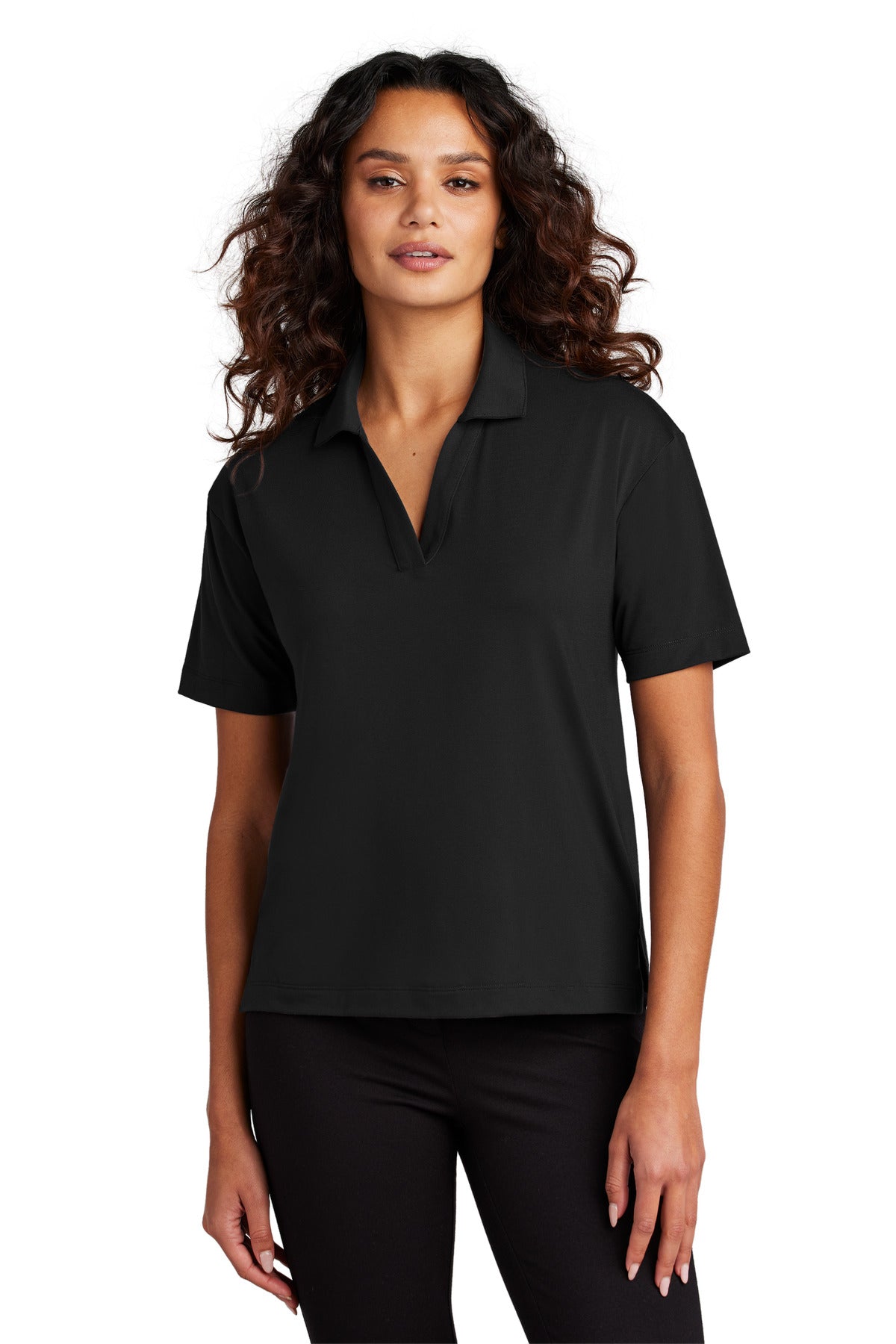 Mercer+Mettle women's stretch jersey polo shirt in deep black, front view on a model.