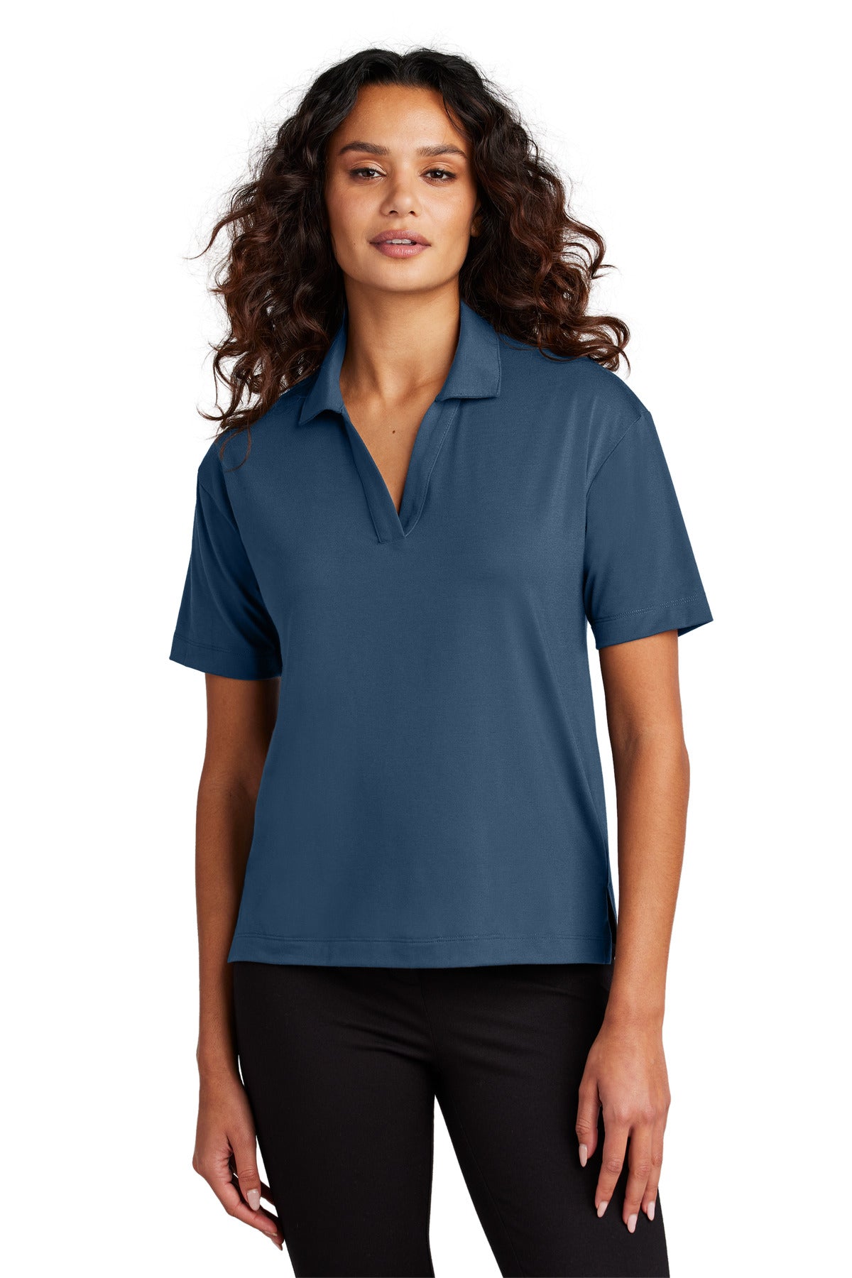 Front view of Mercer+Mettle women's stretch jersey polo in insignia blue, featuring a classic collar and short sleeves.