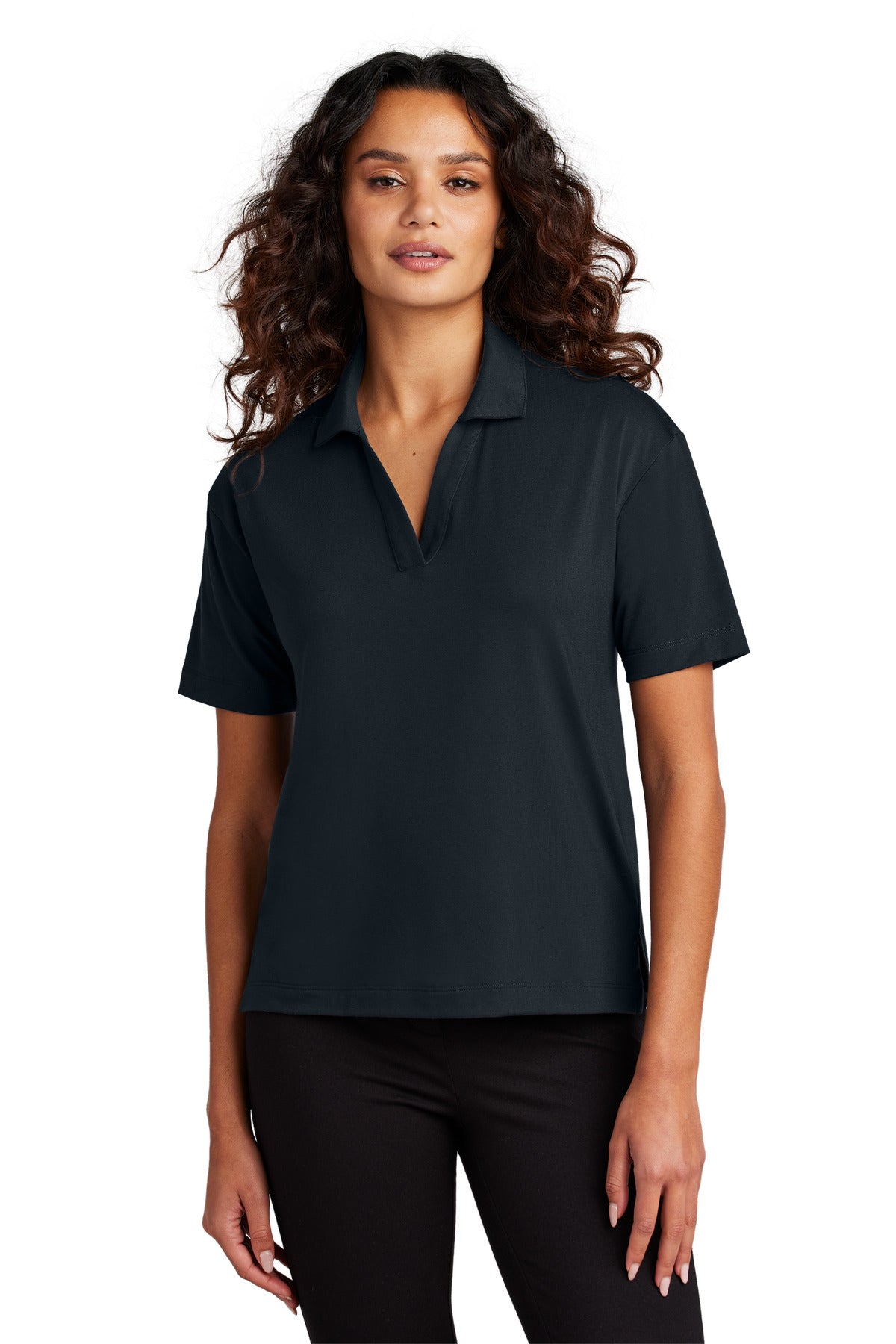 Mercer+Mettle women's stretch jersey polo shirt in night navy, shown front view with a fitted design and collar.