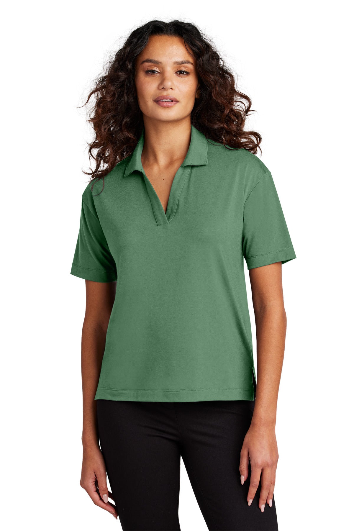 Front view of Mercer+Mettle women's stretch jersey polo in sage, featuring a classic collar and short sleeves.