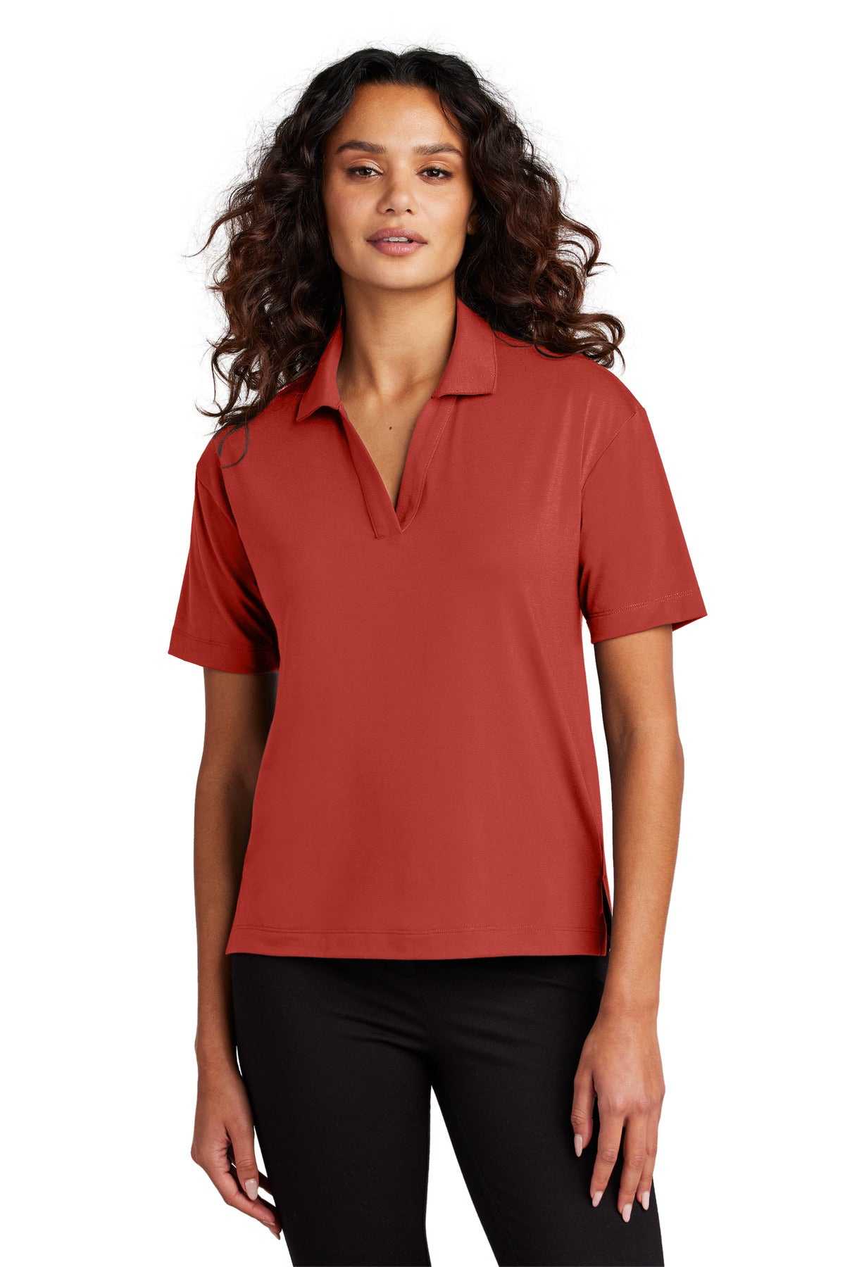 Mercer+Mettle women's stretch jersey polo in terracotta, shown from the front on a model.
