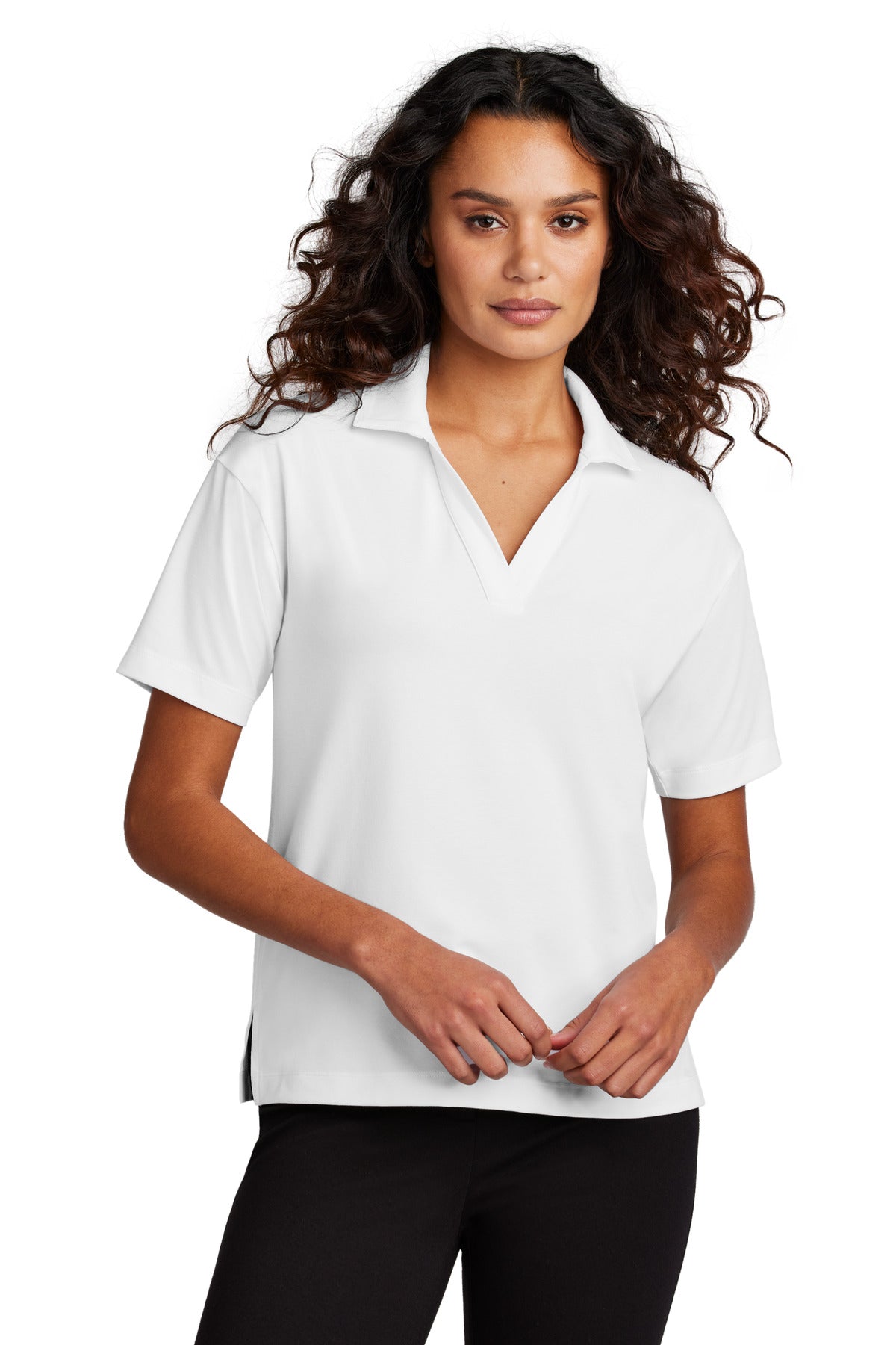 White Mercer+Mettle women's stretch jersey polo shirt, front view on a model, showcasing the classic fit and smooth fabric.