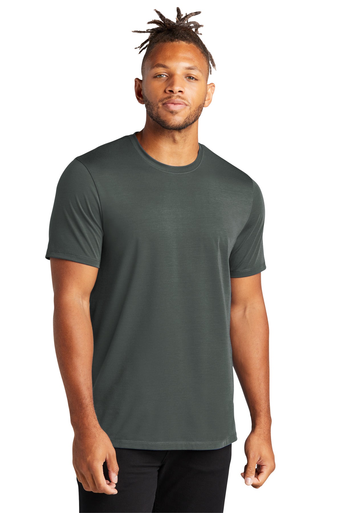 Front view of Mercer+Mettle Stretch Jersey Crew MM1016 in anchor grey, showcasing its fitted design and soft fabric.