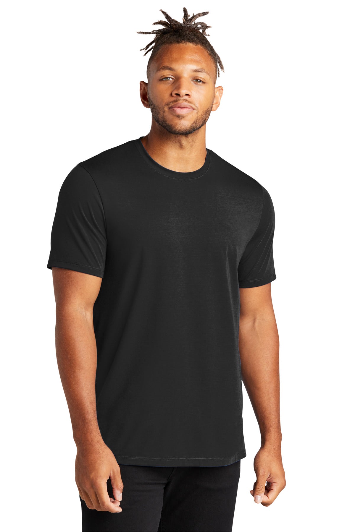 Mercer+Mettle Stretch Jersey Crew in deep black, front view showing soft fabric and classic crew neckline.
