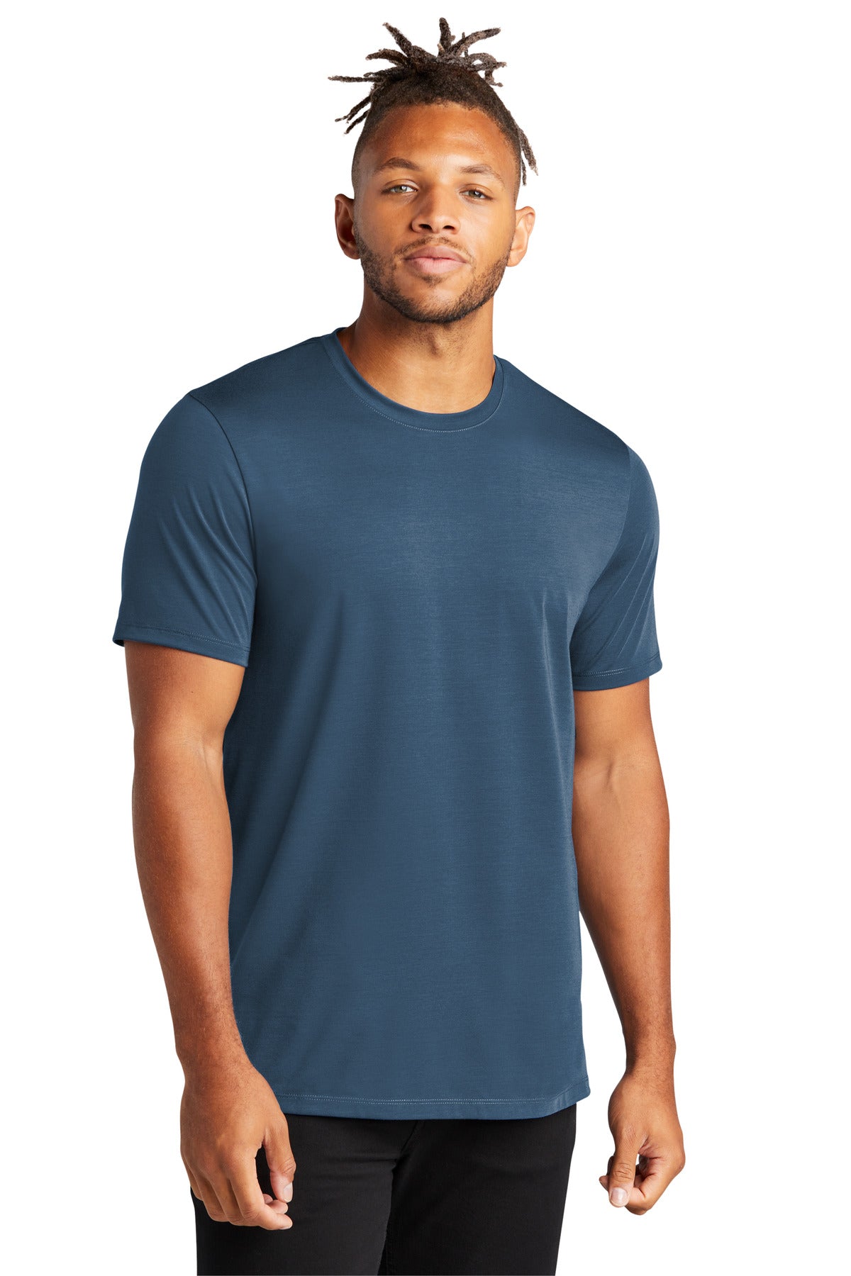 Front view of Mercer+Mettle Stretch Jersey Crew MM1016 in insignia blue worn by a model, showcasing its fitted design and soft fabric.