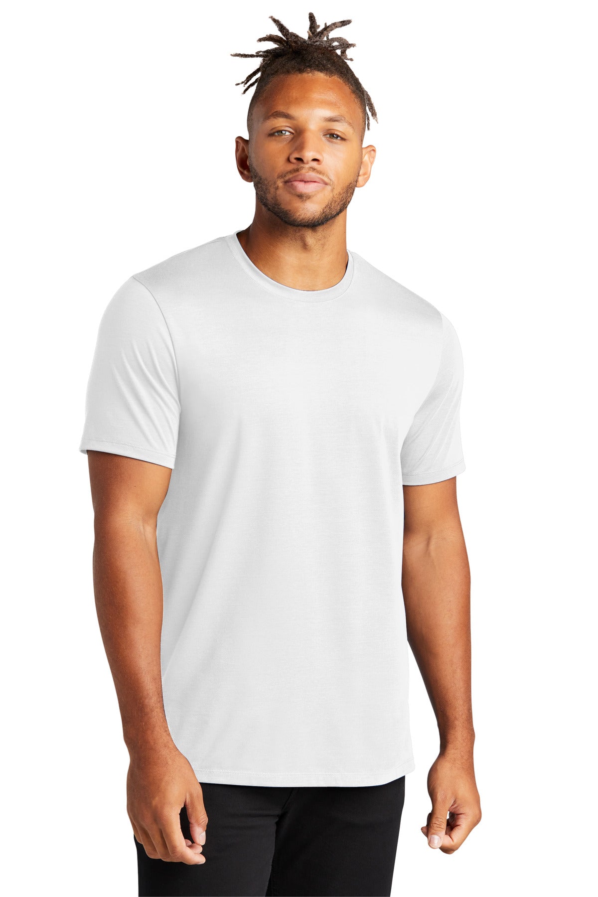 White Mercer+Mettle Stretch Jersey Crew neck shirt worn by a model, front view showcasing the soft fabric and comfortable fit.