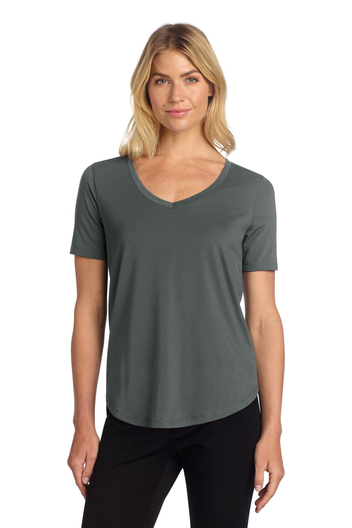Mercer+Mettle women's stretch jersey relaxed scoop top in anchor grey, shown from the front on a model.