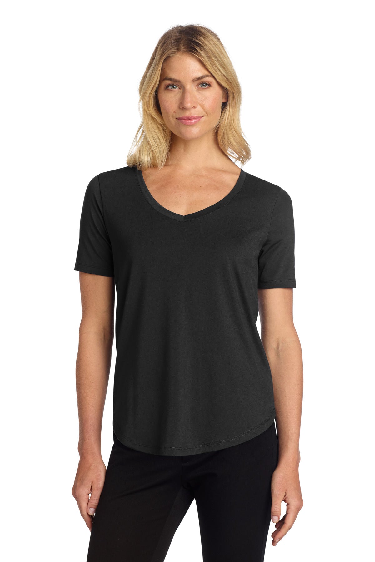 Mercer+Mettle women's stretch jersey relaxed scoop top in deep black, front view on model showing casual fit and scoop neckline.