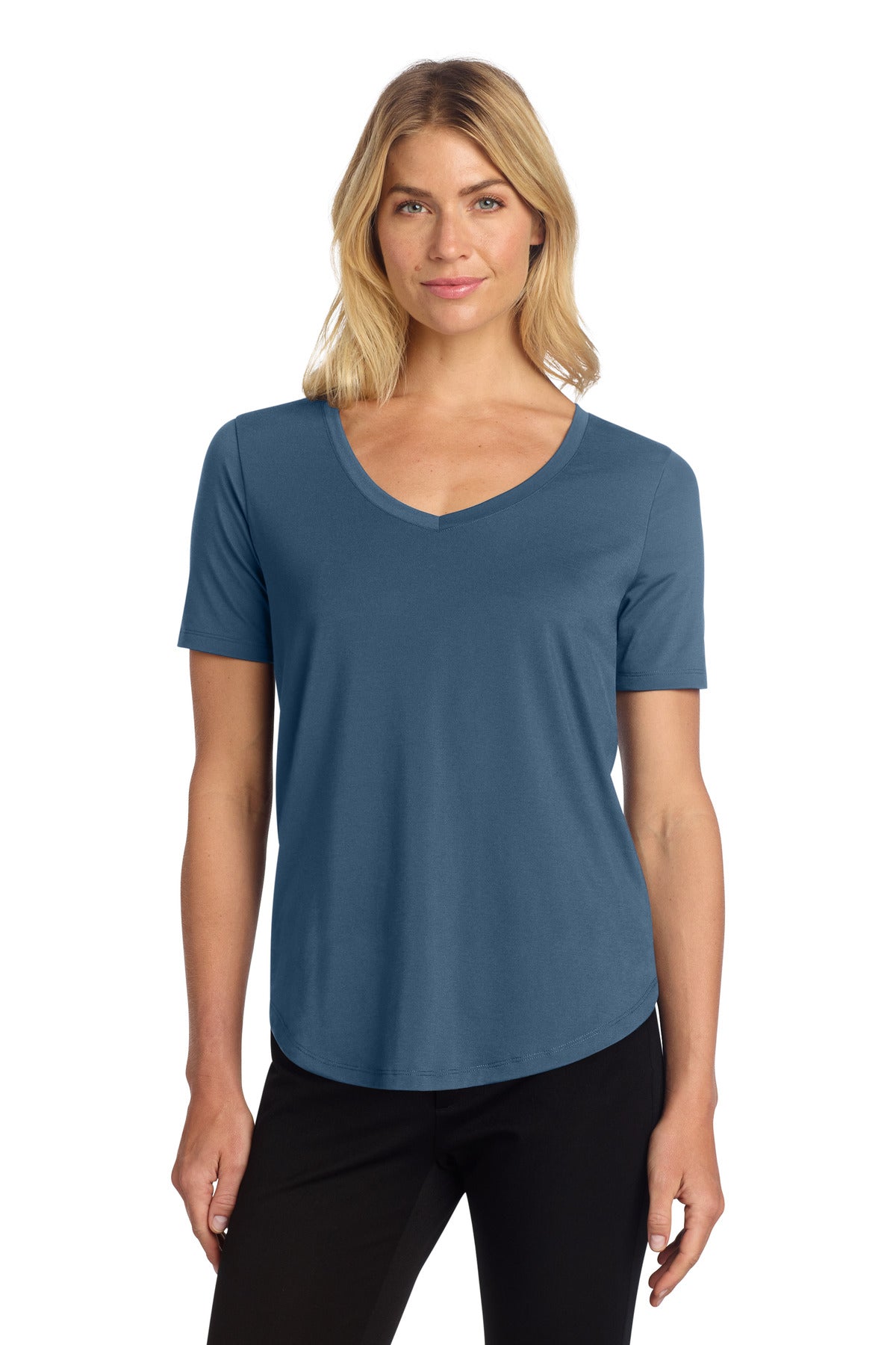 Front view of Mercer+Mettle women's stretch jersey relaxed scoop top in insignia blue, showcasing the casual fit and soft fabric.