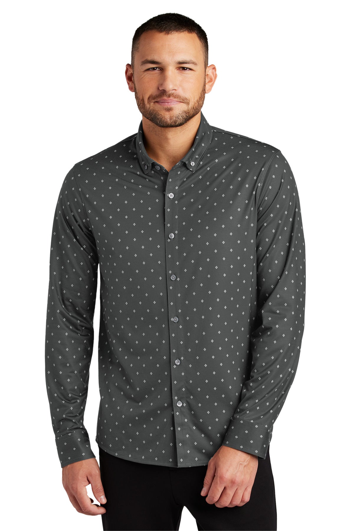 Mercer+Mettle stretch jersey long sleeve shirt in anchor grey with geometric diamond pattern, front view.
