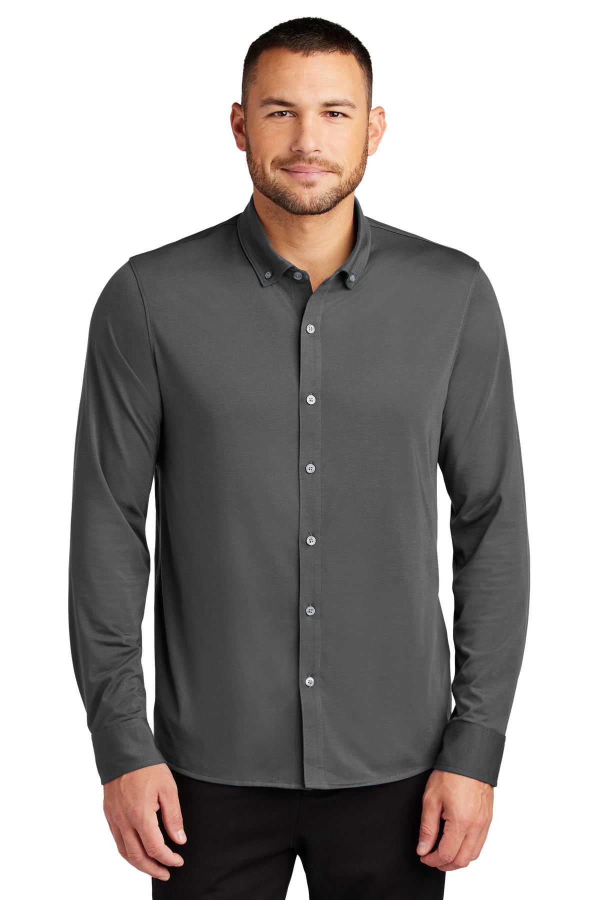 Mercer+Mettle Stretch Jersey Long Sleeve Shirt in anchor grey, front view showing a fitted long sleeve design.