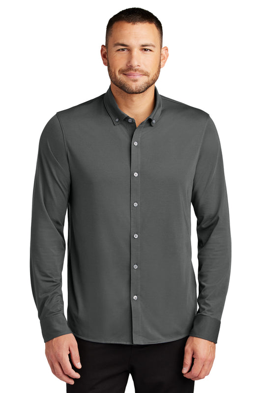 Mercer+Mettle Stretch Jersey Long Sleeve Shirt in anchor grey, front view showing a fitted long sleeve design.