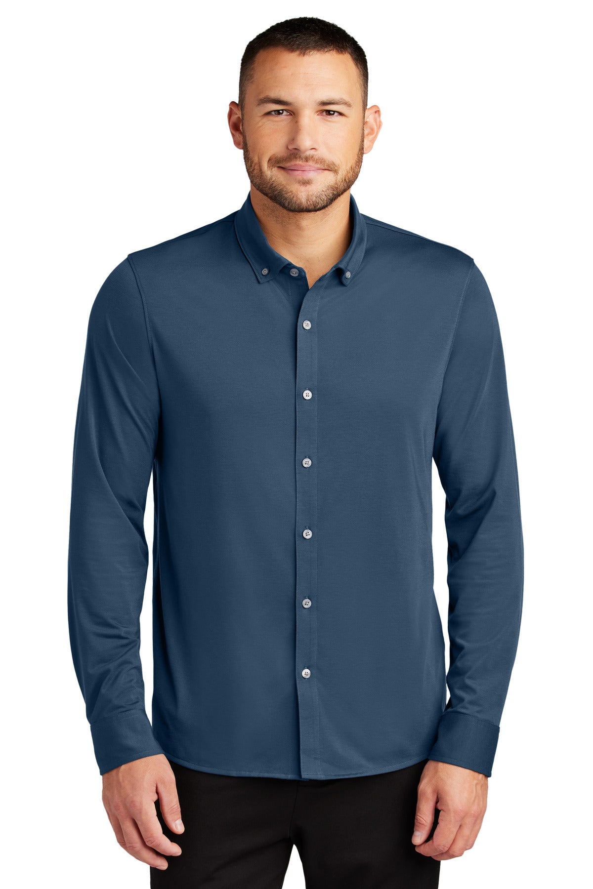 Mercer+Mettle Stretch Jersey Long Sleeve Shirt in Insignia Blue, front view, fitted long-sleeve shirt for casual or active wear.