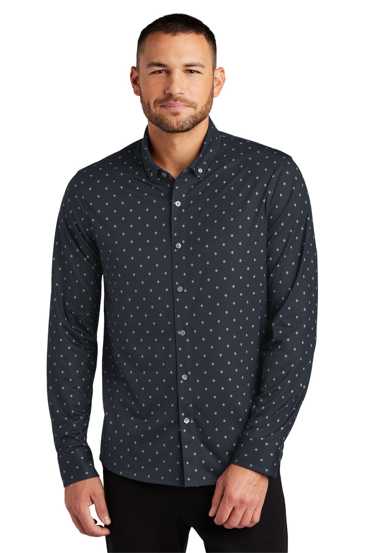 Navy Mercer+Mettle stretch jersey long sleeve shirt with geometric diamond pattern, front view on model.