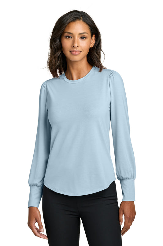 Mercer+Mettle women's celestial blue stretch jersey long sleeve blouson top, front view showing relaxed fit and soft fabric texture.