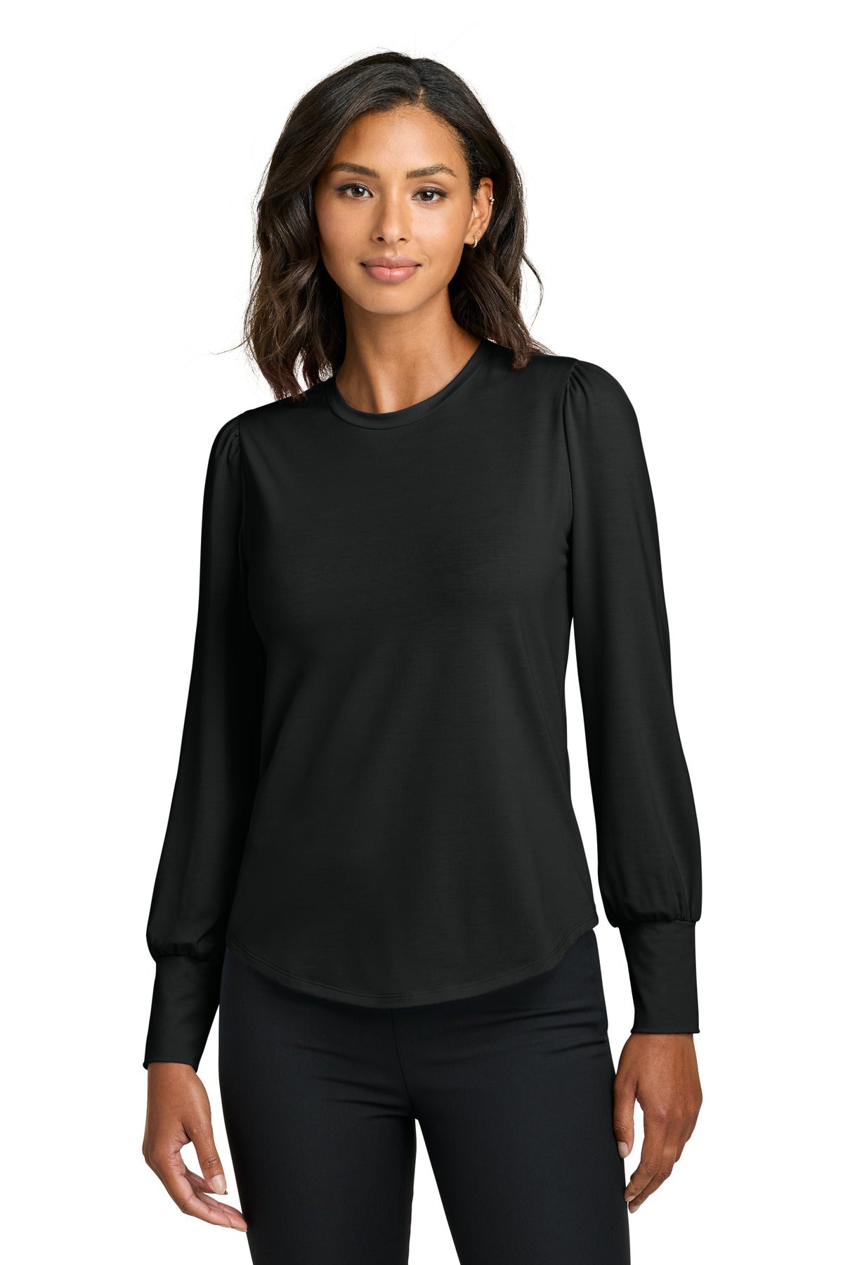 Mercer+Mettle women's stretch jersey long sleeve blouson top in deep black, front view featuring a relaxed fit and feminine silhouette.