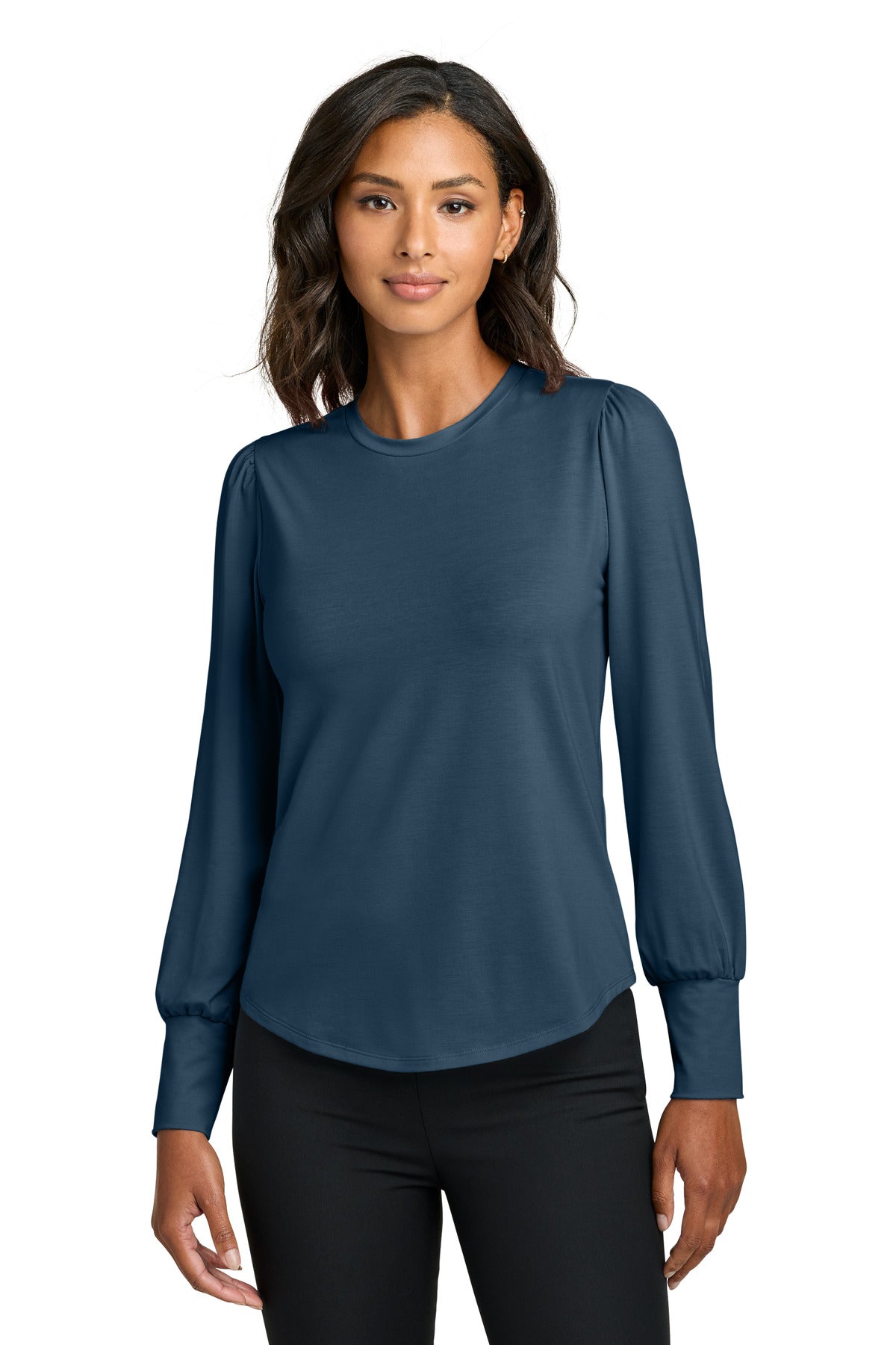 Mercer+Mettle women's stretch jersey long sleeve blouson top in insignia blue, shown from the front on a model.