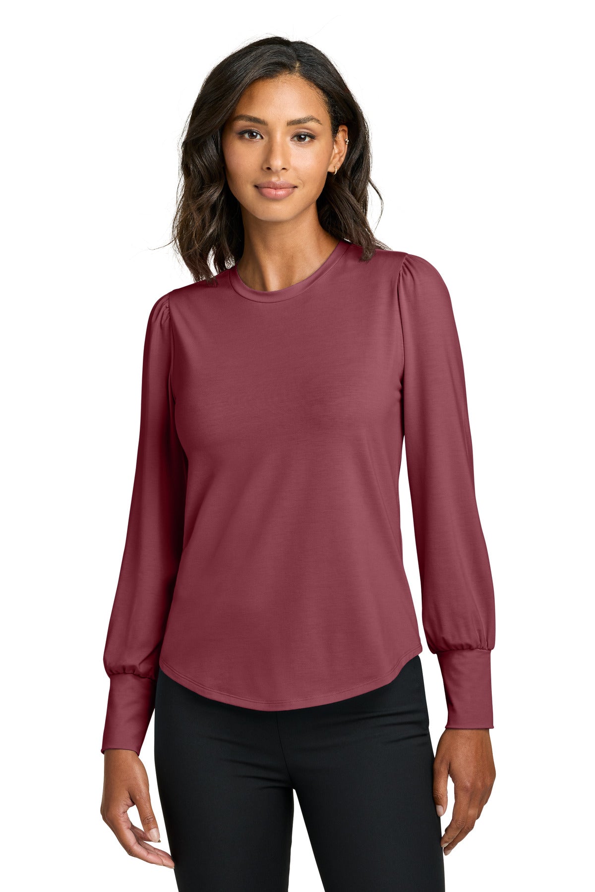 Mercer+Mettle women's stretch jersey long sleeve blouson top in rosewood, front view featuring a relaxed fit and gathered waist.