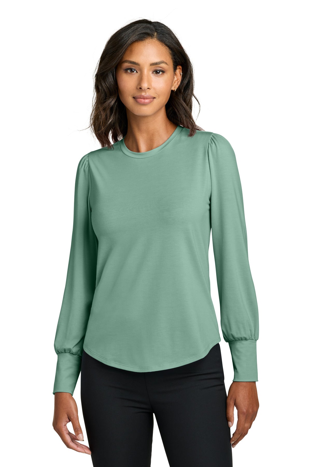 Mercer+Mettle women's stretch jersey long sleeve blouson top in sage, front view on a model.