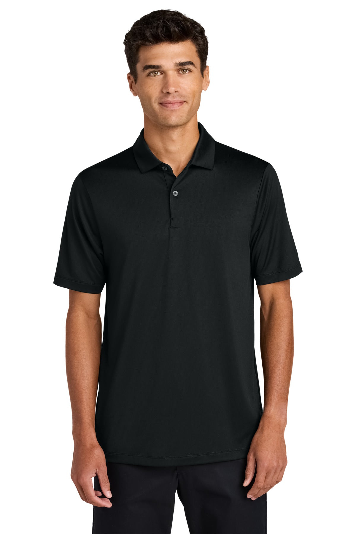 Mercer+Mettle Recharge Jersey Polo MM1020 in deep black, front view showing classic polo collar and sleek fit